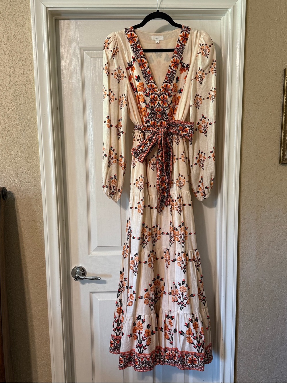 Boho Embroidered Cream Maxi Dress with Orange Accents